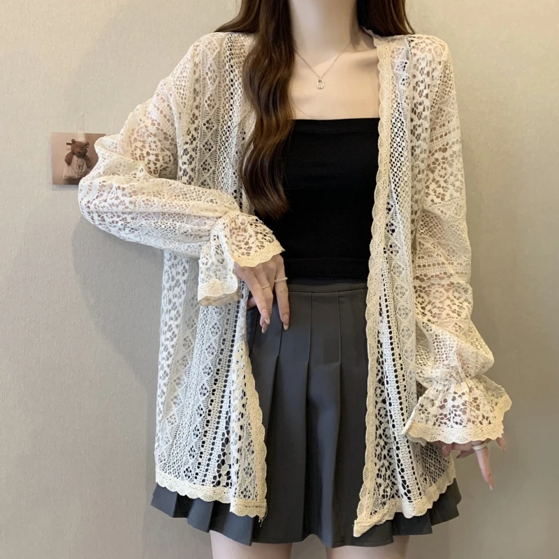 大码女装蕾丝防晒针织开衫春秋新款胖mm显瘦外搭披肩外套薄款上衣