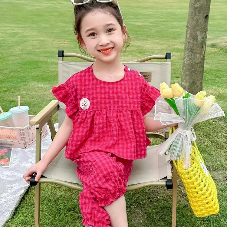 女童装2025夏装小兔红格飞袖花边无袖套装女宝儿童套装SJ-R-B104