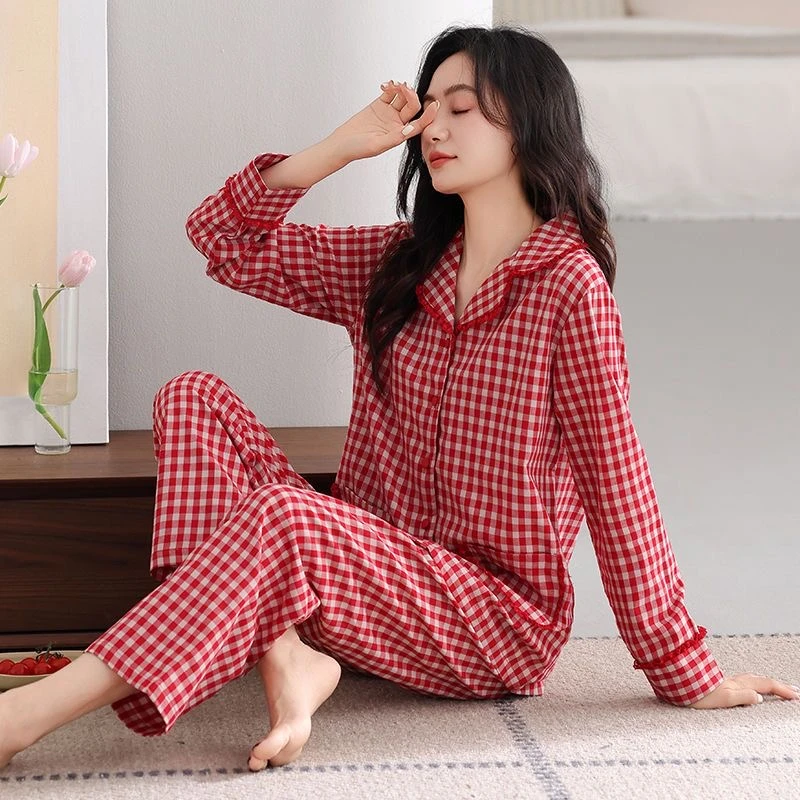 带胸垫睡衣女春秋款梭织纯棉长袖2025新款全棉中年妈妈家居服套装