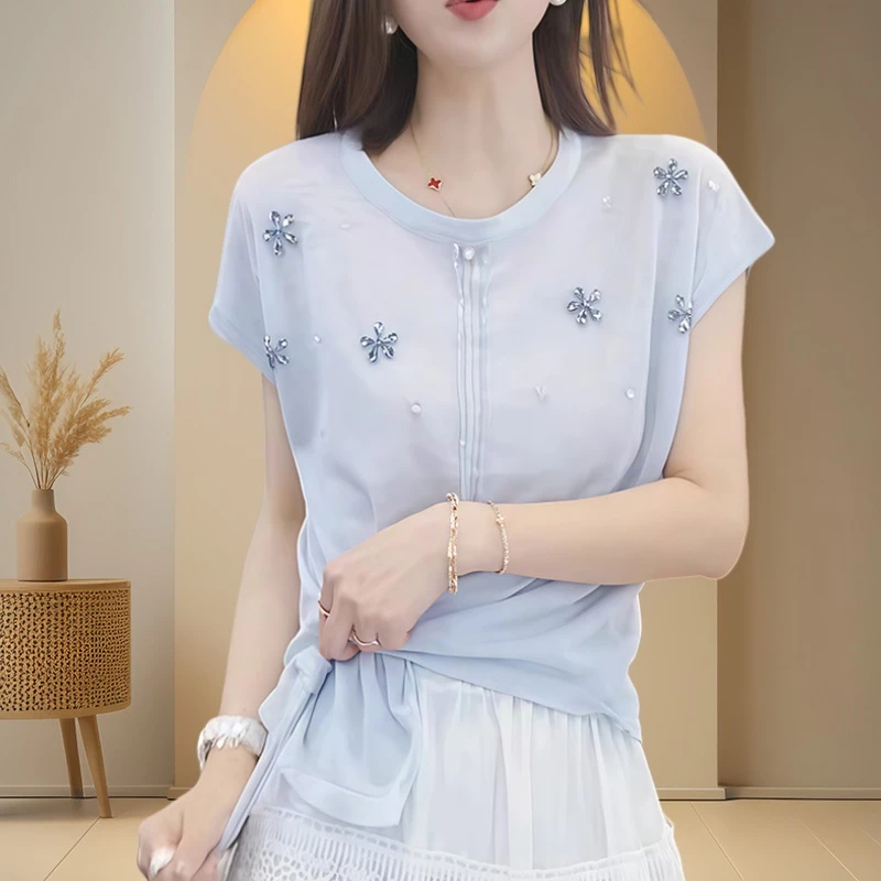 韩系重工钉珠冰丝宽松短袖针织衫女2025夏季新款时尚减龄百搭上衣