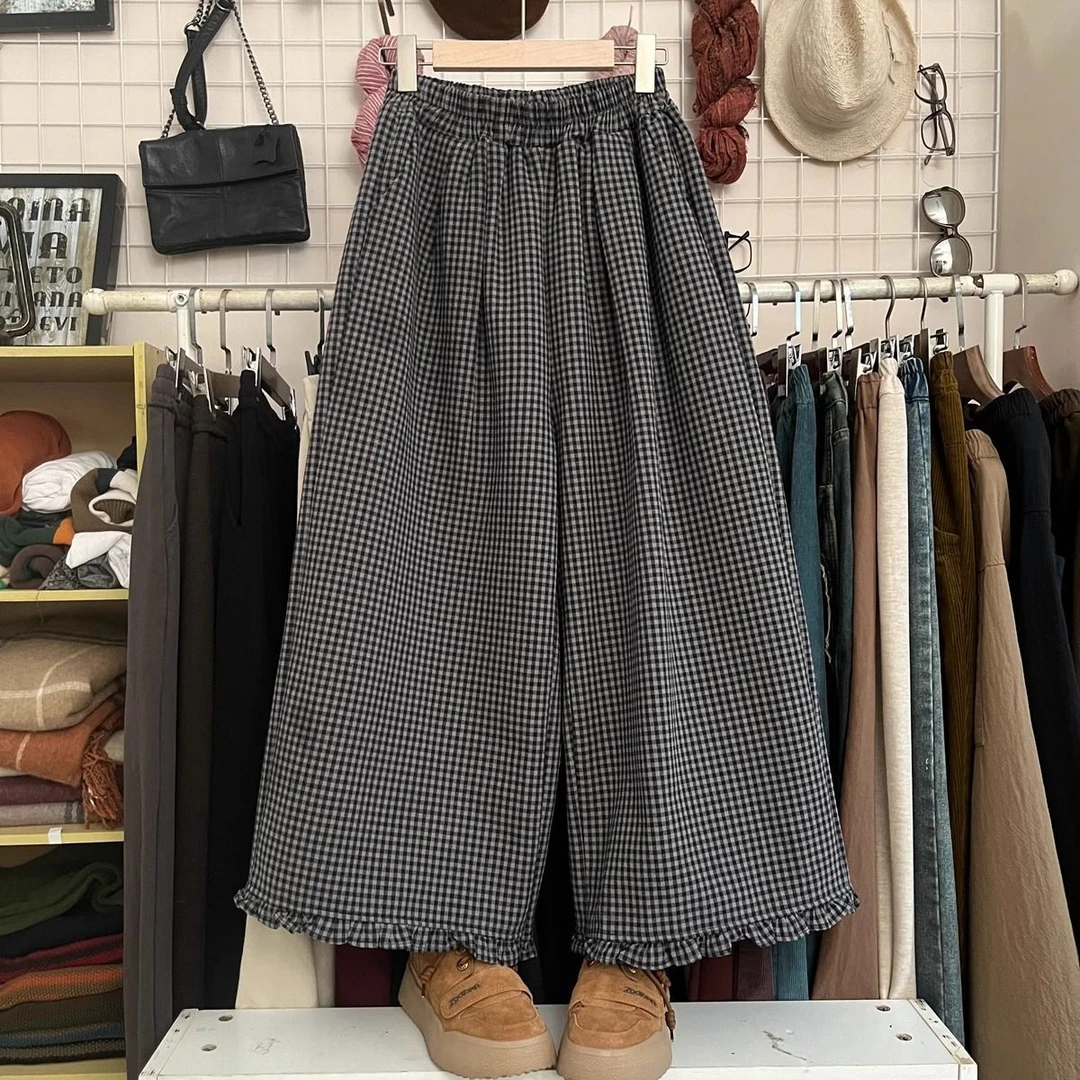 老钱风松弛感女装宽松设计感日系阔腿裤女胖休闲木耳边高腰弹力复