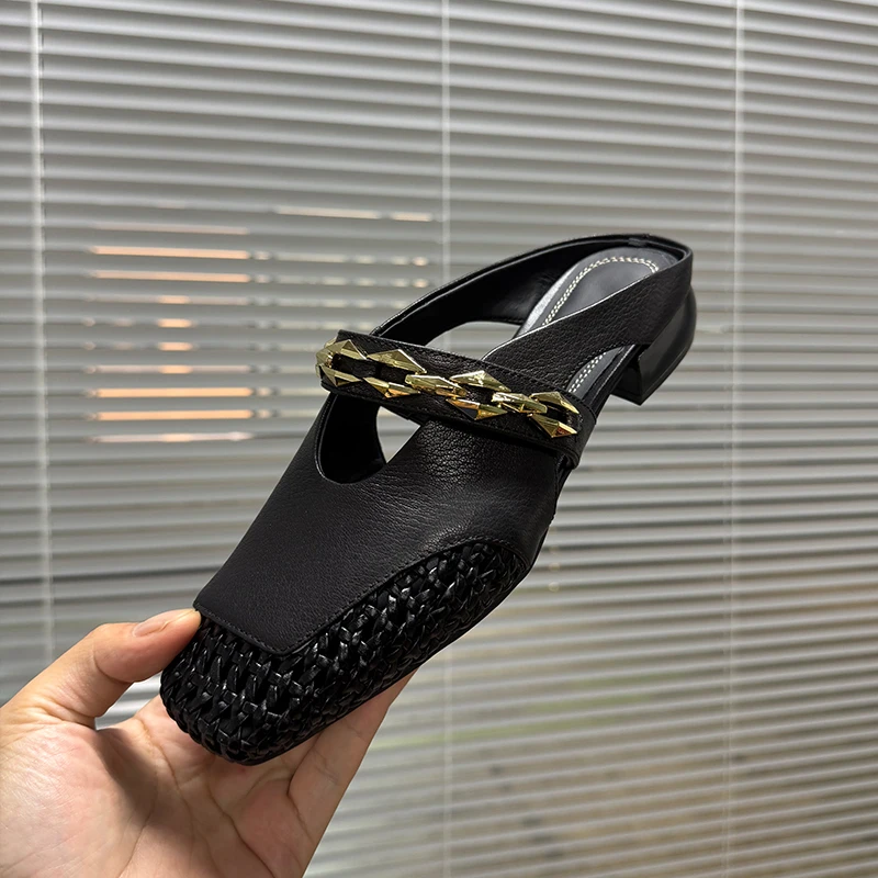 3cm/羊皮/夏季透气粗跟半拖鞋女时尚外穿镂空编织法式中跟皮拖女