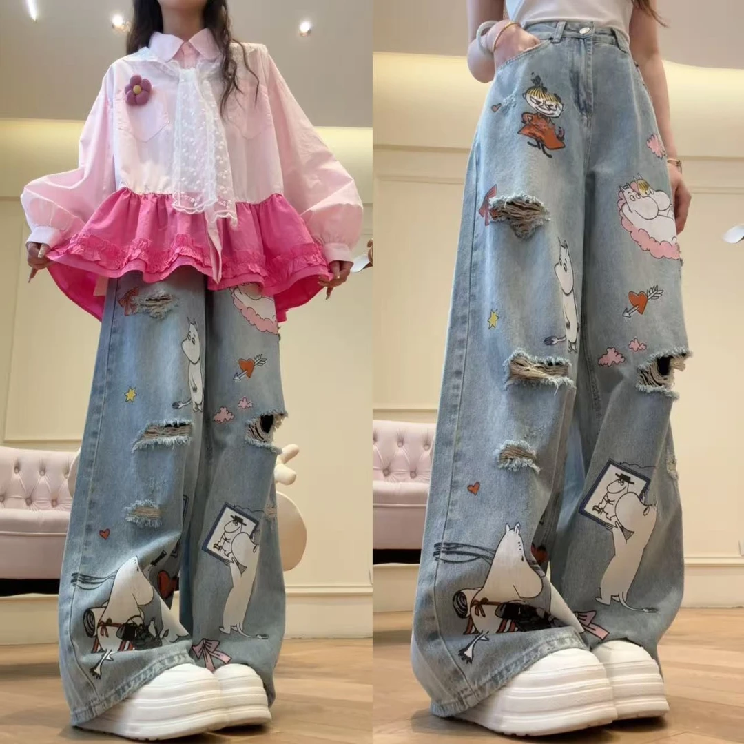 卡通破洞牛C3546印花破洞牛仔阔腿裤