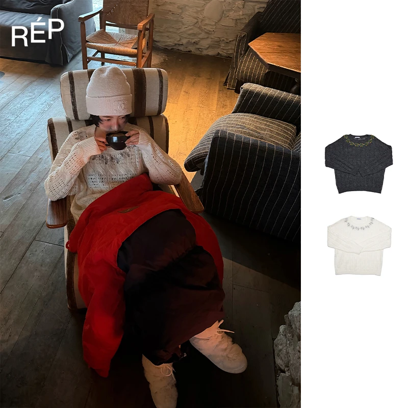 Puzzle piece设计师品牌雾白/沙灰色Berry刺绣马海毛毛衣 26RS