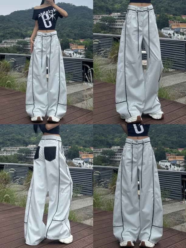 橙子·【明星同款】时尚阔腿裤拼接显瘦拼色口袋牛仔裤