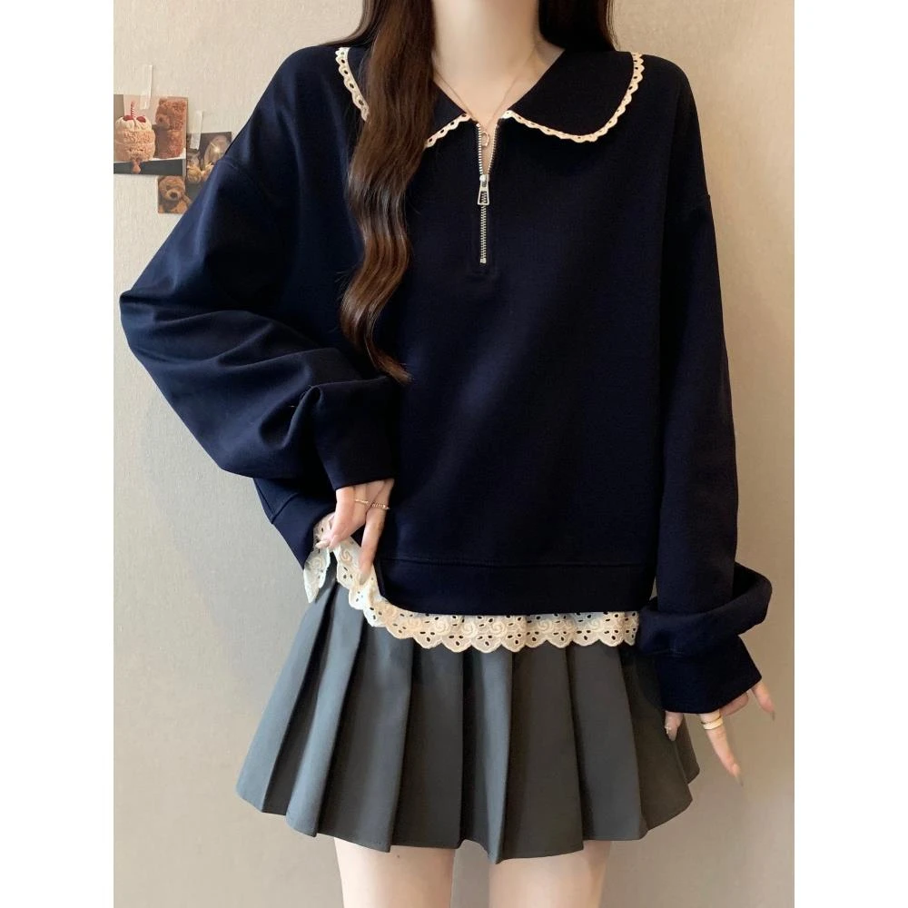 大码娃娃领半拉链蕾丝拼接卫衣女春秋微胖MM宽松显瘦百搭洋气上衣