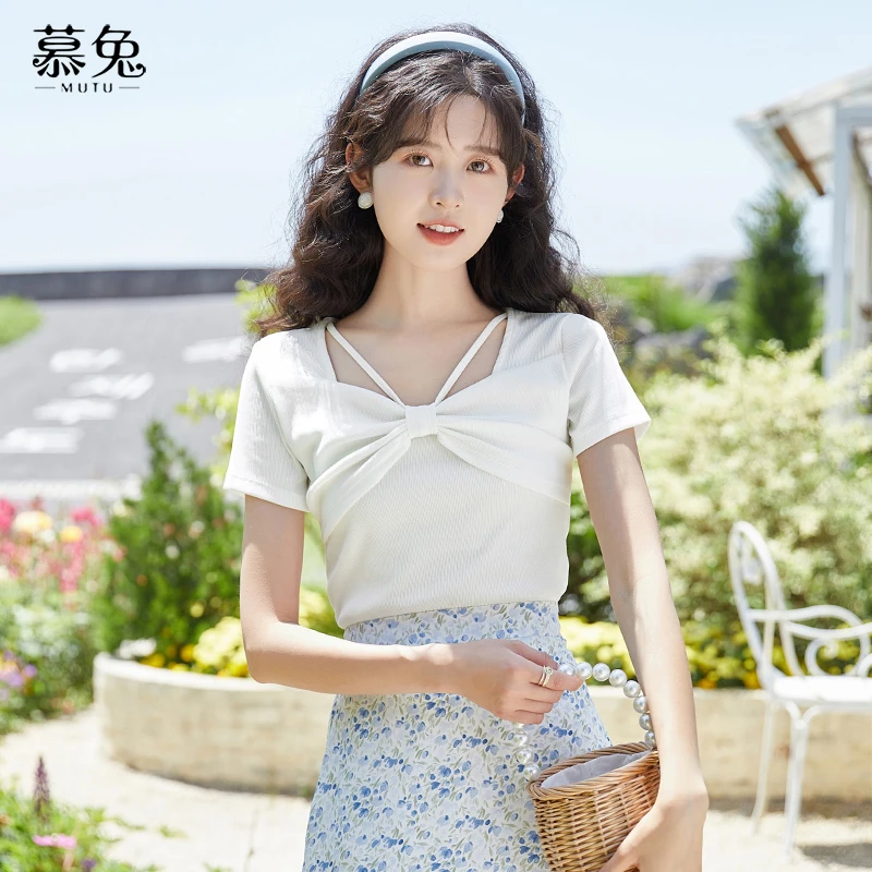 慕兔小个子修身短袖t恤女2025夏季新款蝴蝶结设计感小众显瘦上衣