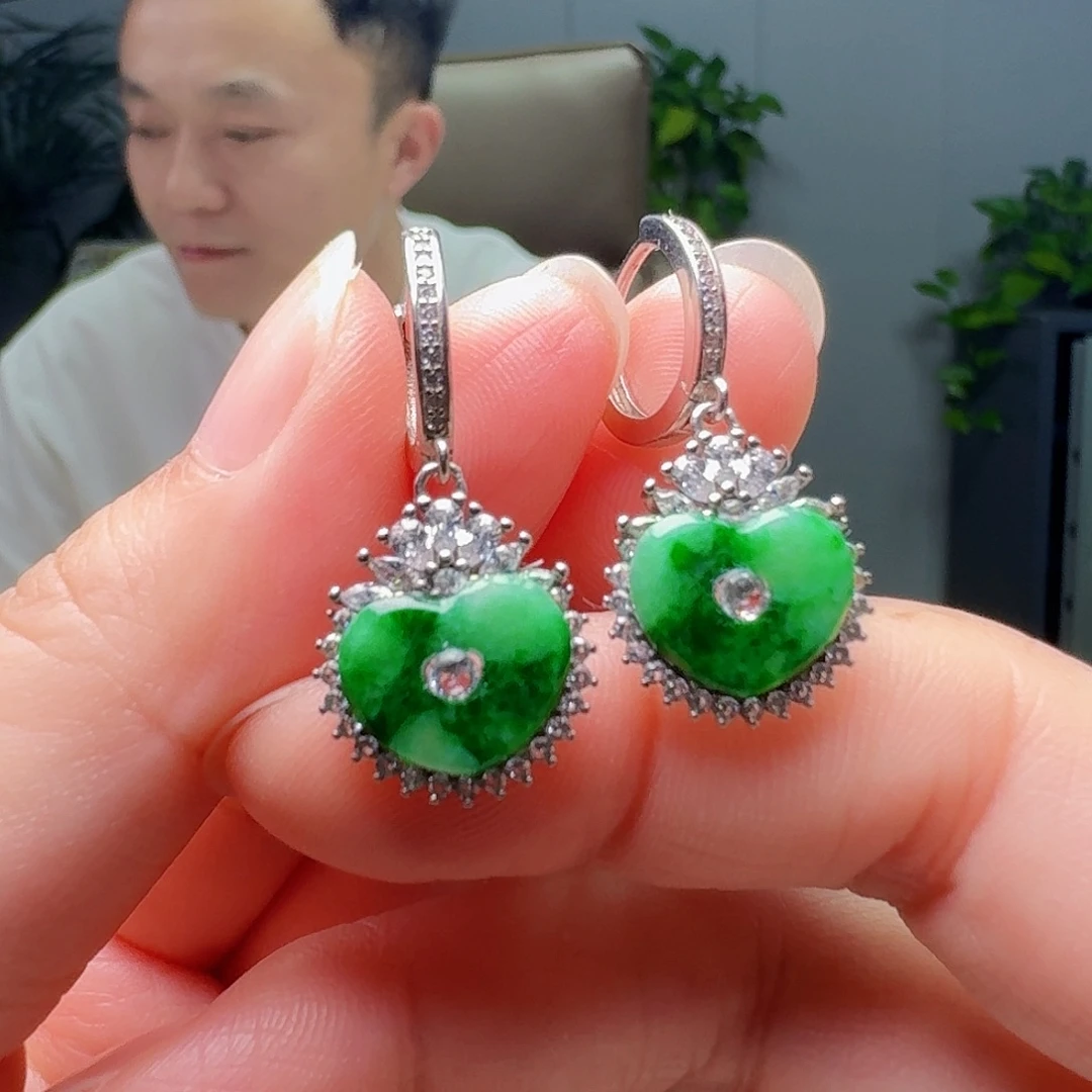 翡翠银S925镶嵌耳饰天然