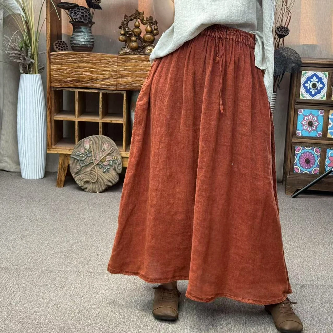 花璟与麻原创设计炒色做旧松紧腰半身裙（裙长86腰围68-120）