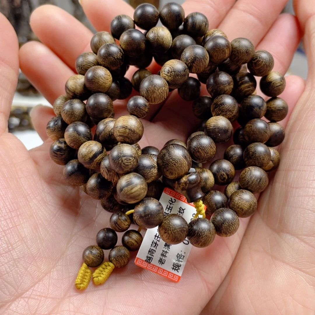 沉香手串z*m越南芽庄老白棋玉化老料满瘤疤虎斑纹