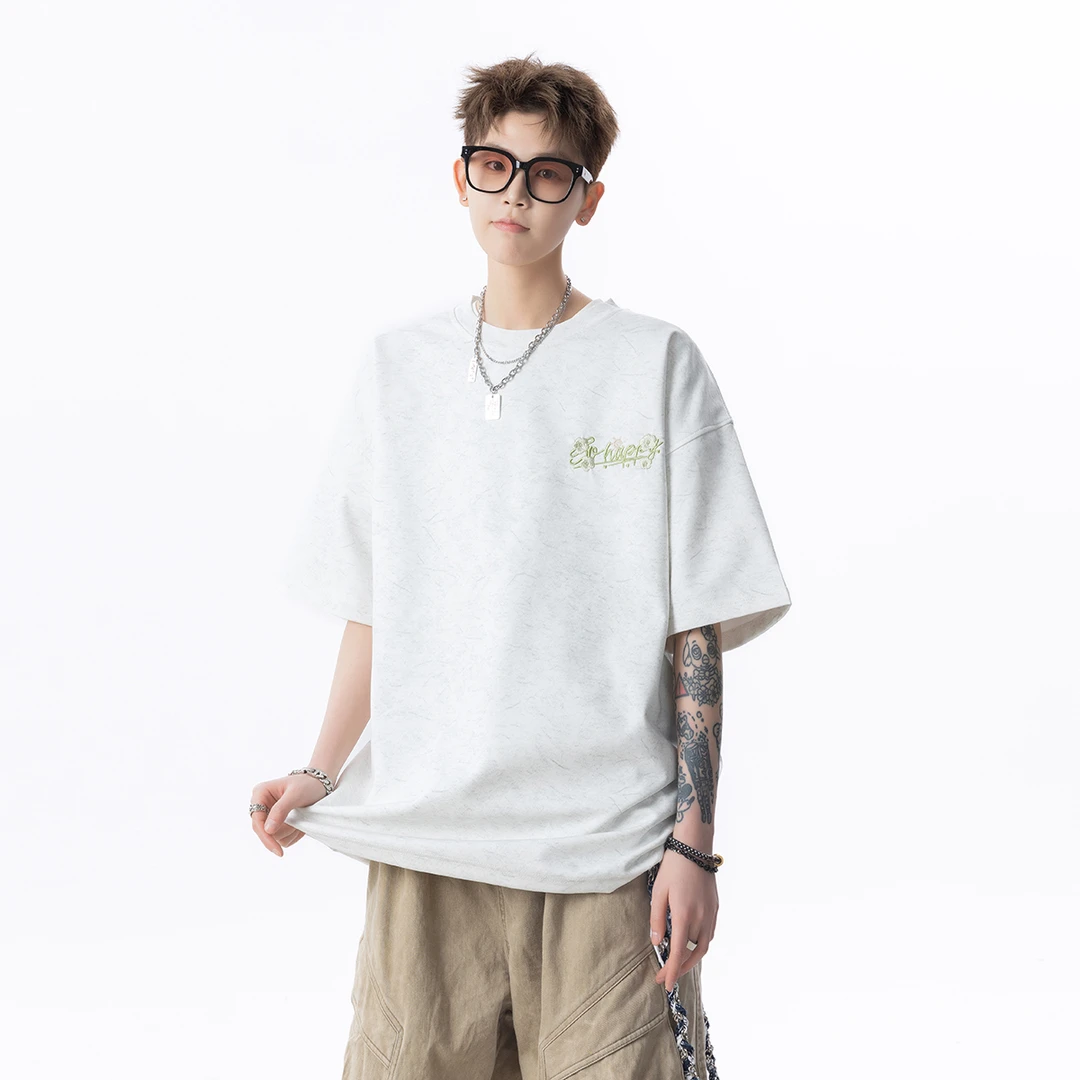 美式刺绣冰感短袖男夏季潮牌砂洗凉感百搭五分袖宽松休闲圆领上衣