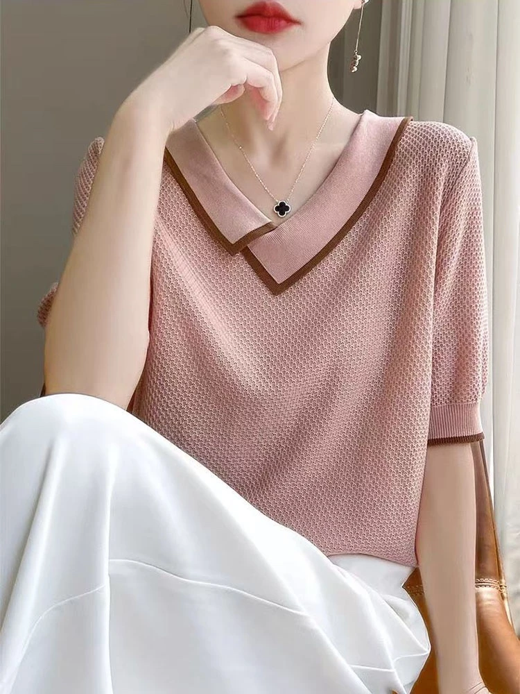 针织衫上衣夏季地雷系镂空毛时尚v领针织衫错翻领法式提花针织T恤