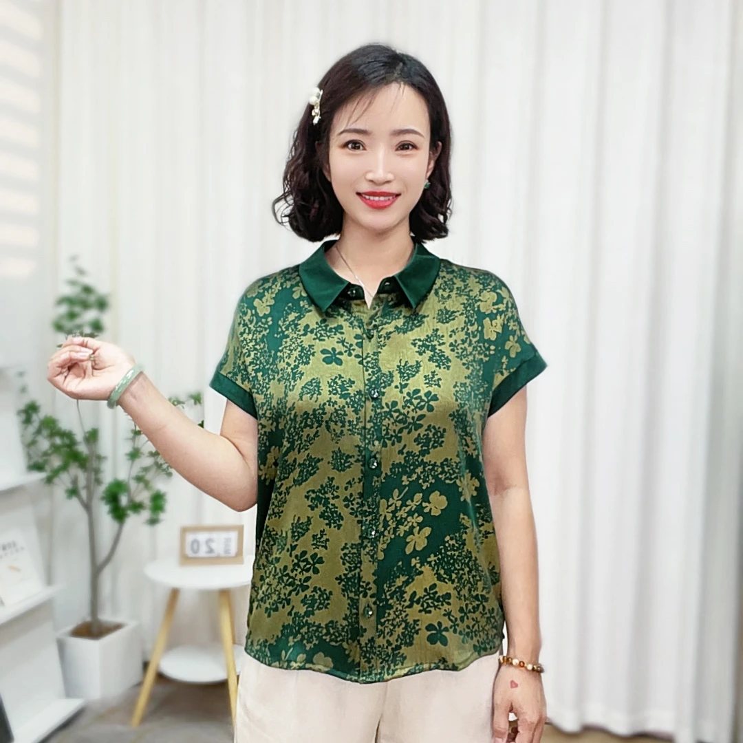短袖衬衫时尚气质妈妈装翻领小衫宽松遮肉显瘦大码开衫中老年上衣