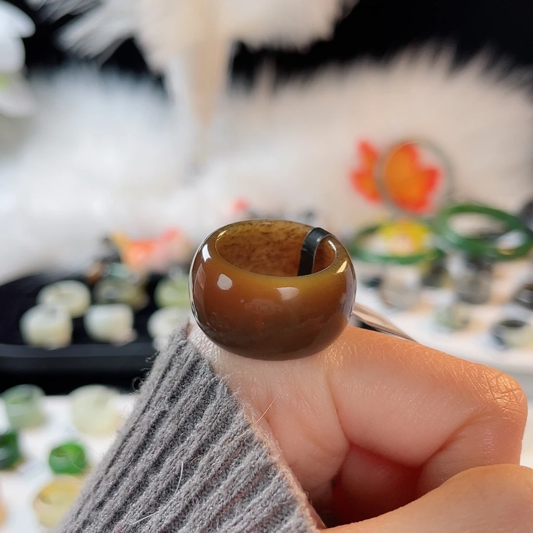 和田玉未镶嵌戒指k84 红糖草花墩墩17.9mm