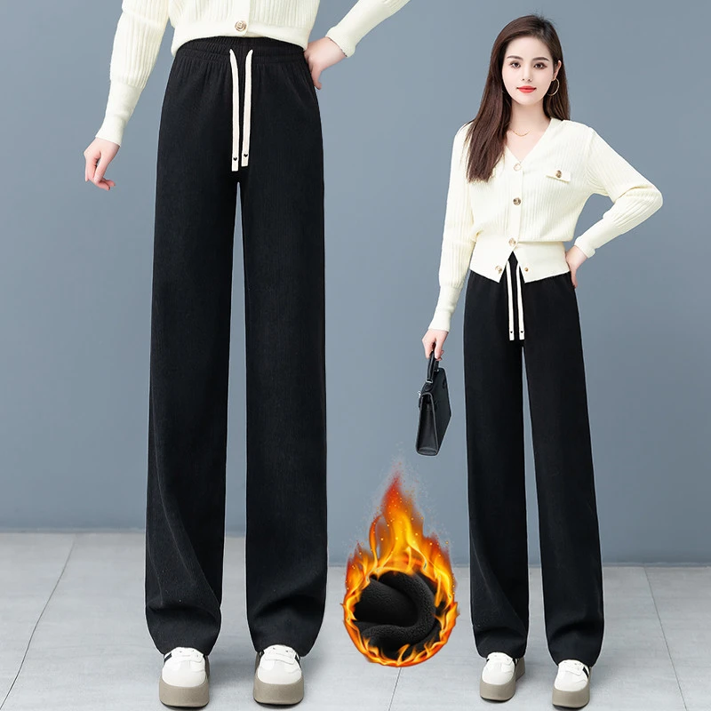 秋冬季外穿阔腿裤女加绒加厚高腰显瘦直筒裤保暖宽松大码休闲裤子