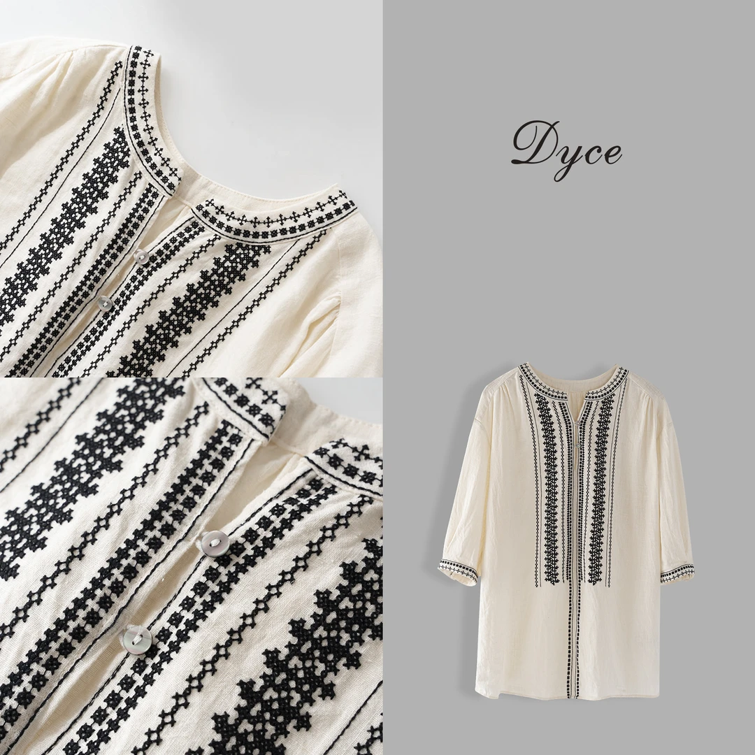 【波斯绣语】棉麻法式条纹刺绣夏季薄款圆领时尚短袖衬衫