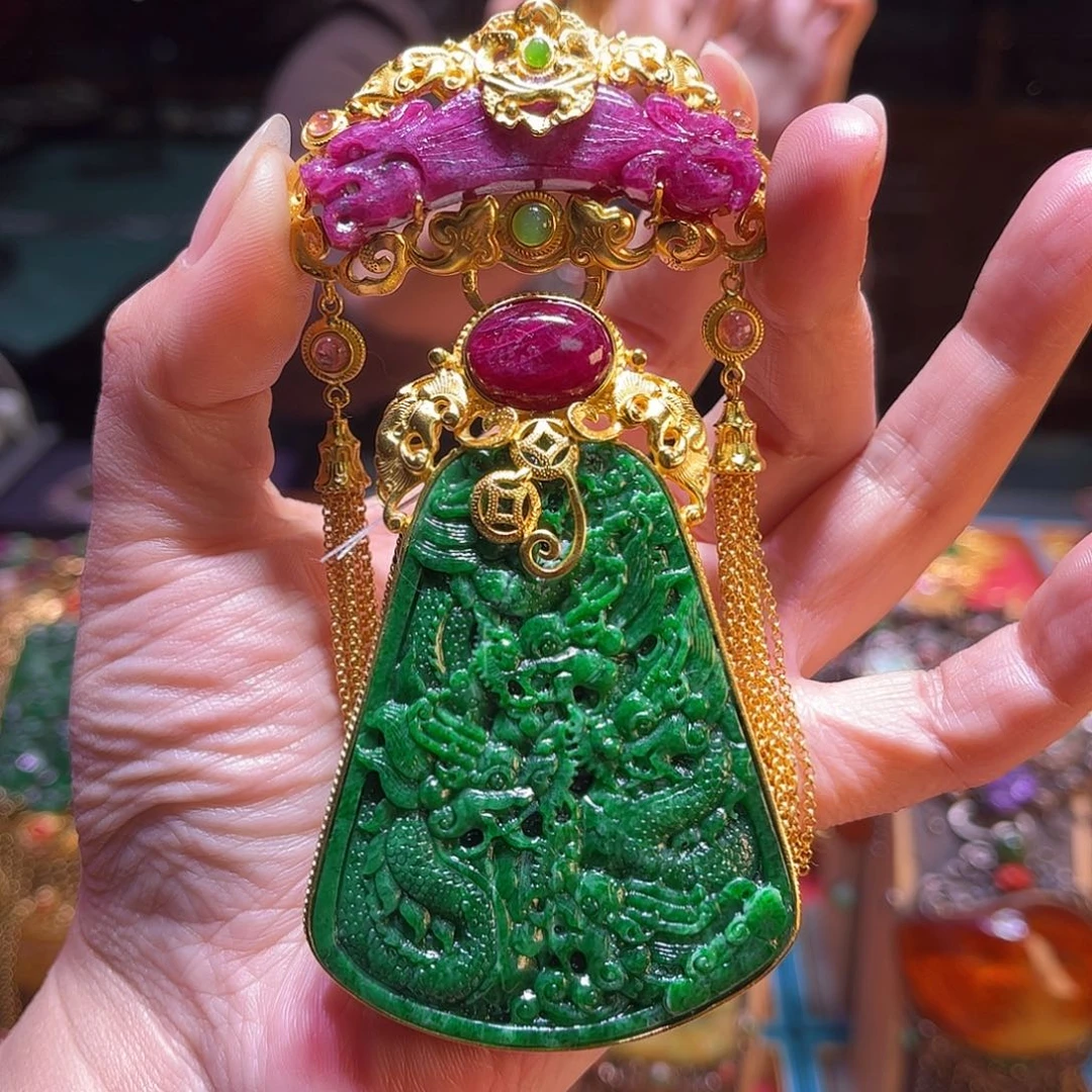 翡翠银S925镀金镶嵌吊坠(不含链)翡翠红宝石吊坠