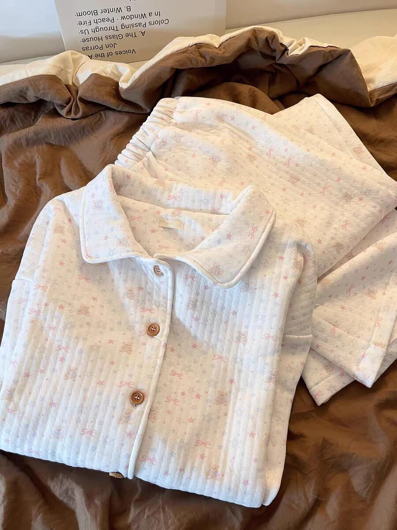 夹棉星星卡通小熊保暖新款秋冬翻领口袋韩版睡衣女家居服春季套装