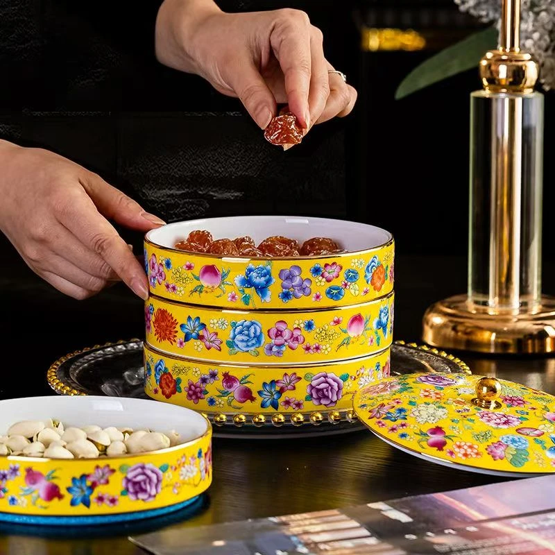 4层中式圆形商用陶瓷金边描金糖果盒万花珐琅彩家用