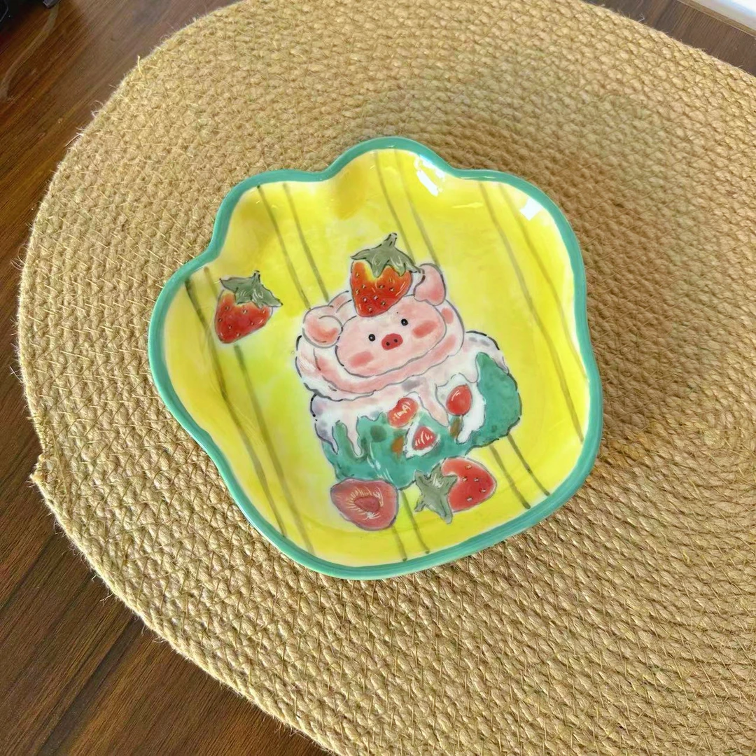 【直播-不带盒子】高温釉下彩中号猫爪盘可爱手绘手工盘子135