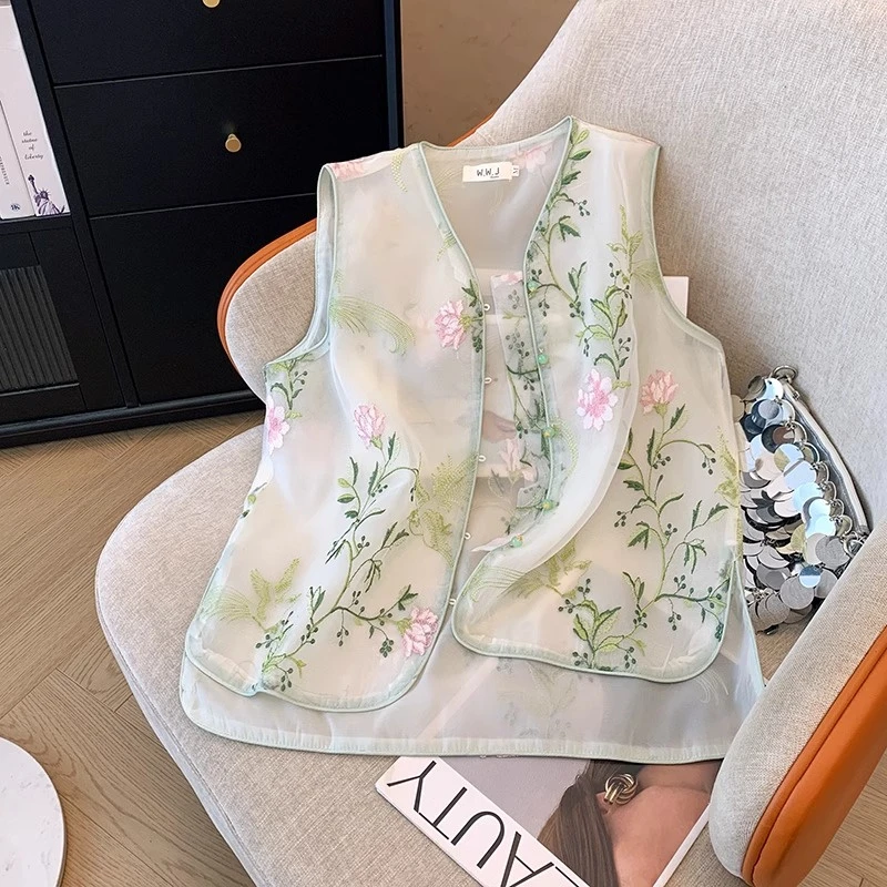 新中式国风刺绣马甲女夏季薄款欧货宽松外穿别致马夹无袖坎肩上衣