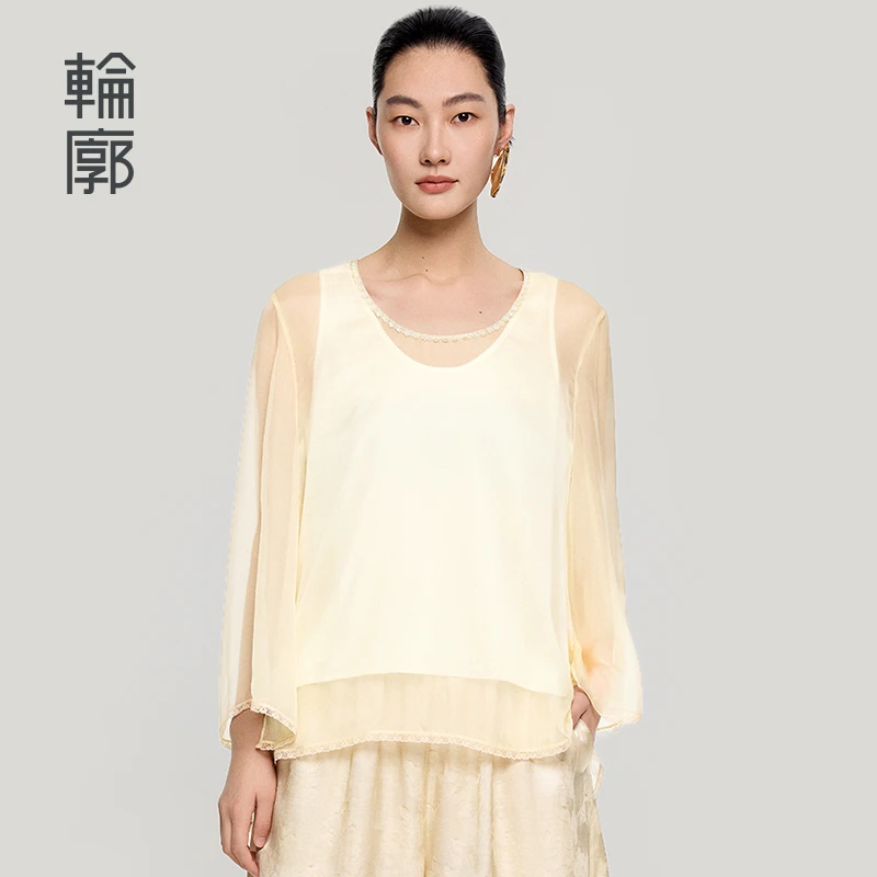 轮廓飘纱桑蚕丝上衣T恤圆领透气舒适不对称夏秋设计感女L252Y012