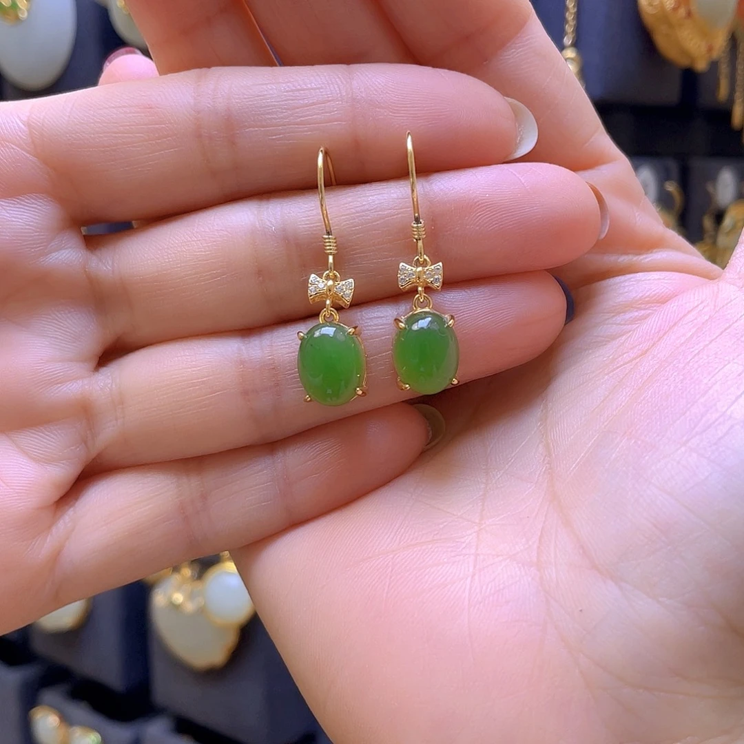 和田玉银S925镀金镶嵌耳饰