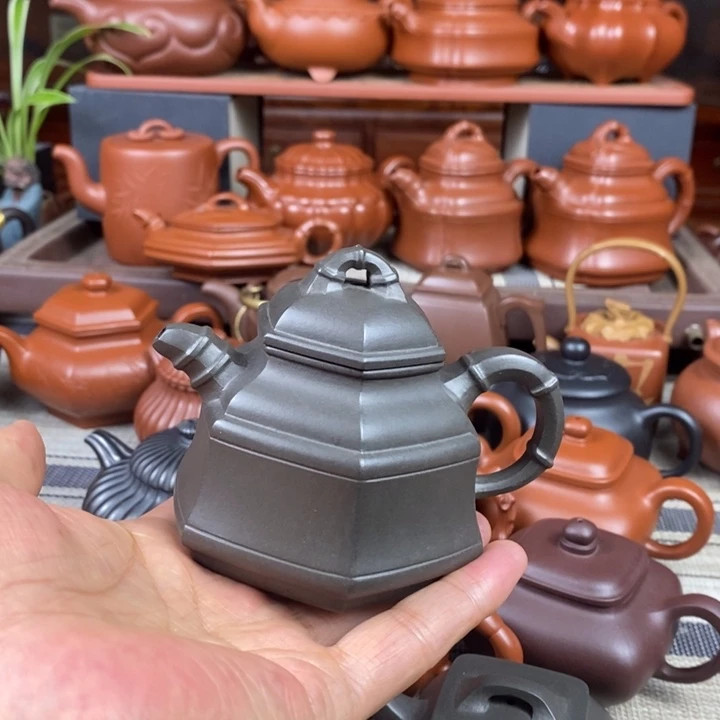 茶壶紫砂六方竹鼎160CC原矿古天青紫砂