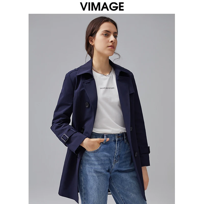 VIMAGE纬漫纪秋款气质翻领双排扣风衣外套女短款时尚经典VA210410