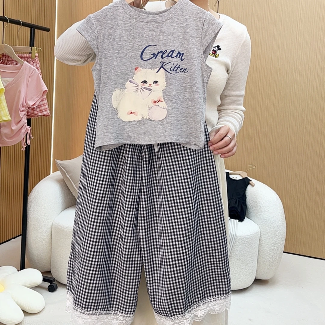 女大童韩版洋气夏装2025新款猫咪卡通短袖格子蕾丝阔腿裤夏季衣服