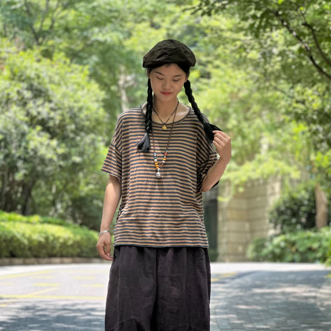昔玙 茶染条纹短袖T恤   夏季宽松复古文艺   250409