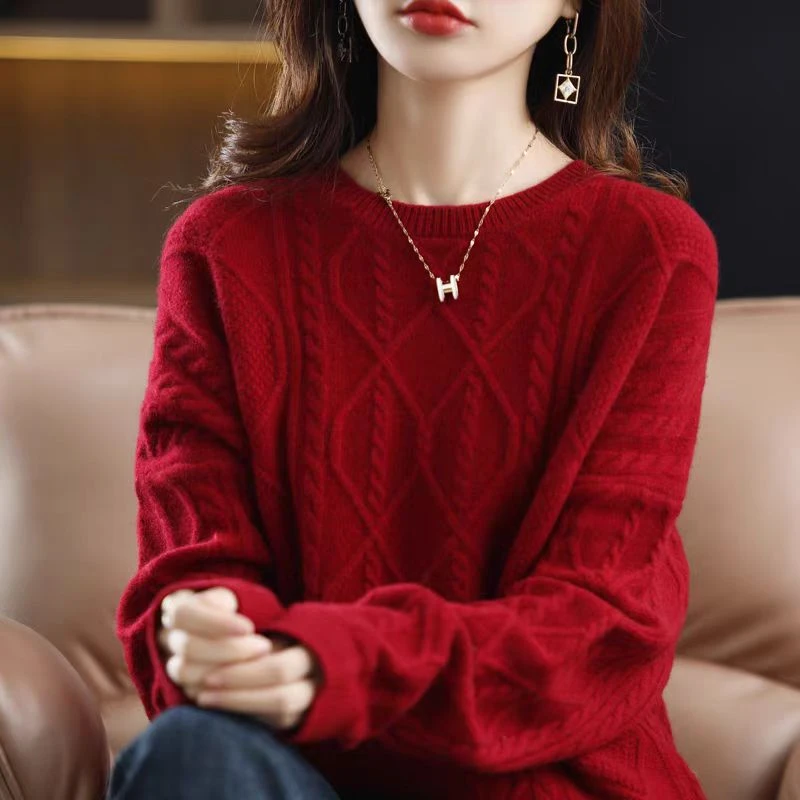 JY#红色毛衣女宽松加厚洋气针织衫2025新款时尚套头上衣DY12103