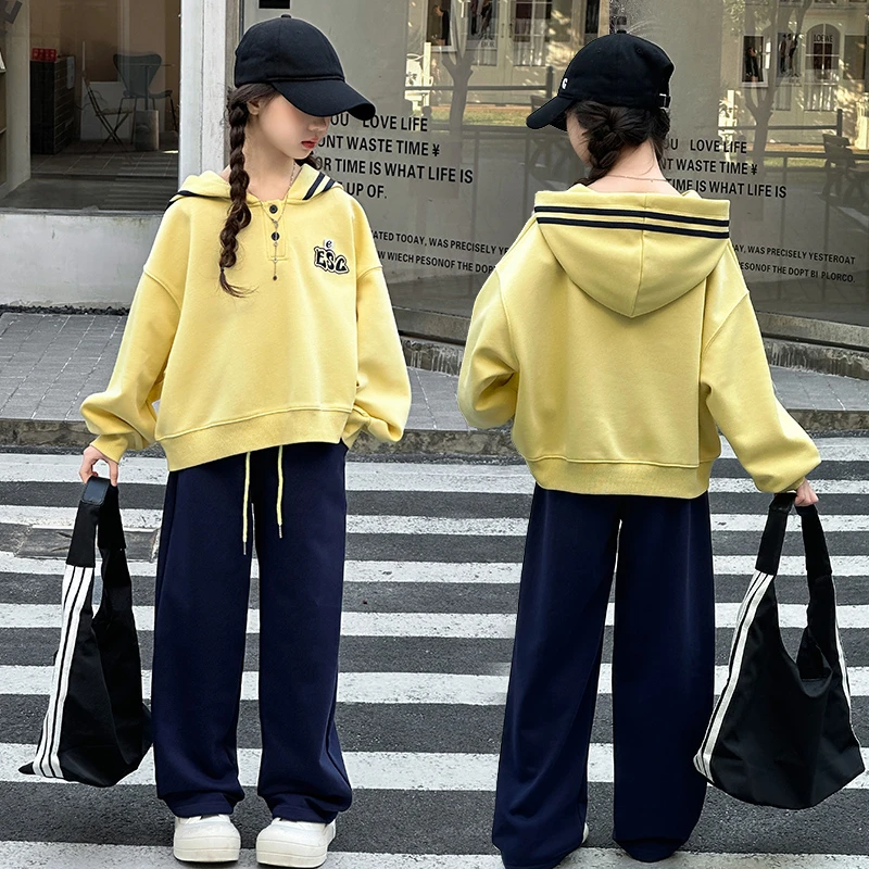 2025年春季女童新款中大童宽松韩系连帽休闲套装阔腿直筒裤套