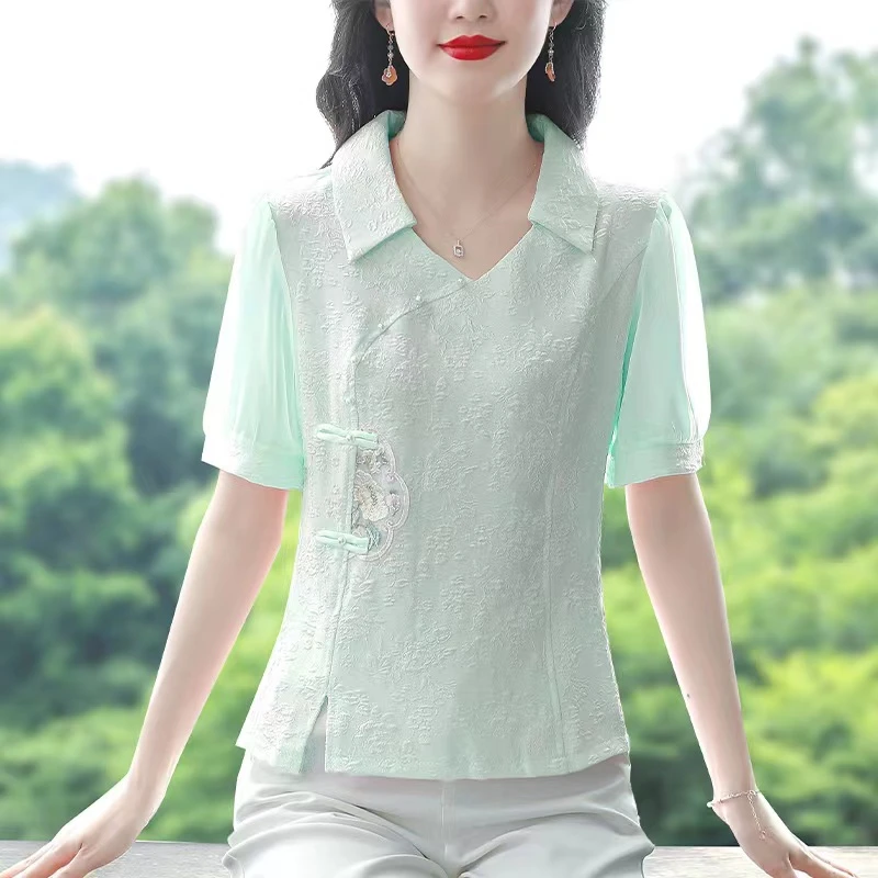 X9985轻国风小衫女夏季新中式翻领盘扣衬衫复古斜襟提花显瘦上衣