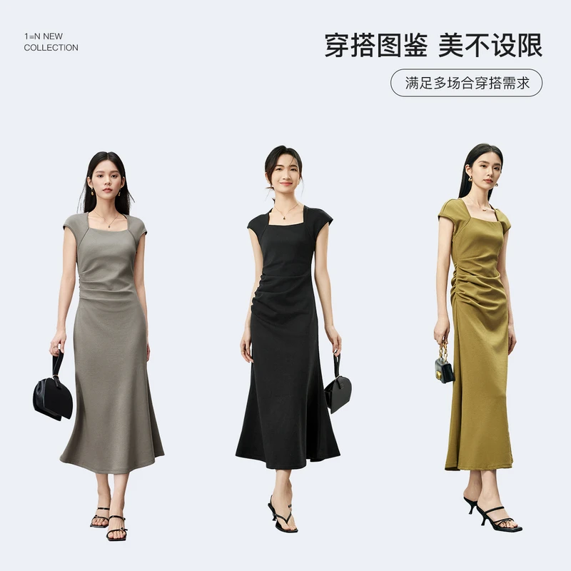尚都比拉复古法式连衣裙腰部收褶设计显瘦洋气品质女装54013