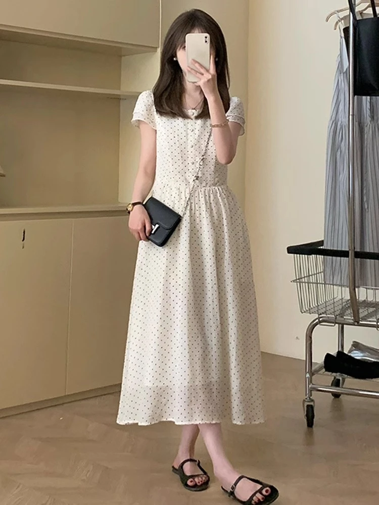 法式波点短袖连衣裙2025 新款女夏季高级感收腰气质显瘦a字长裙子