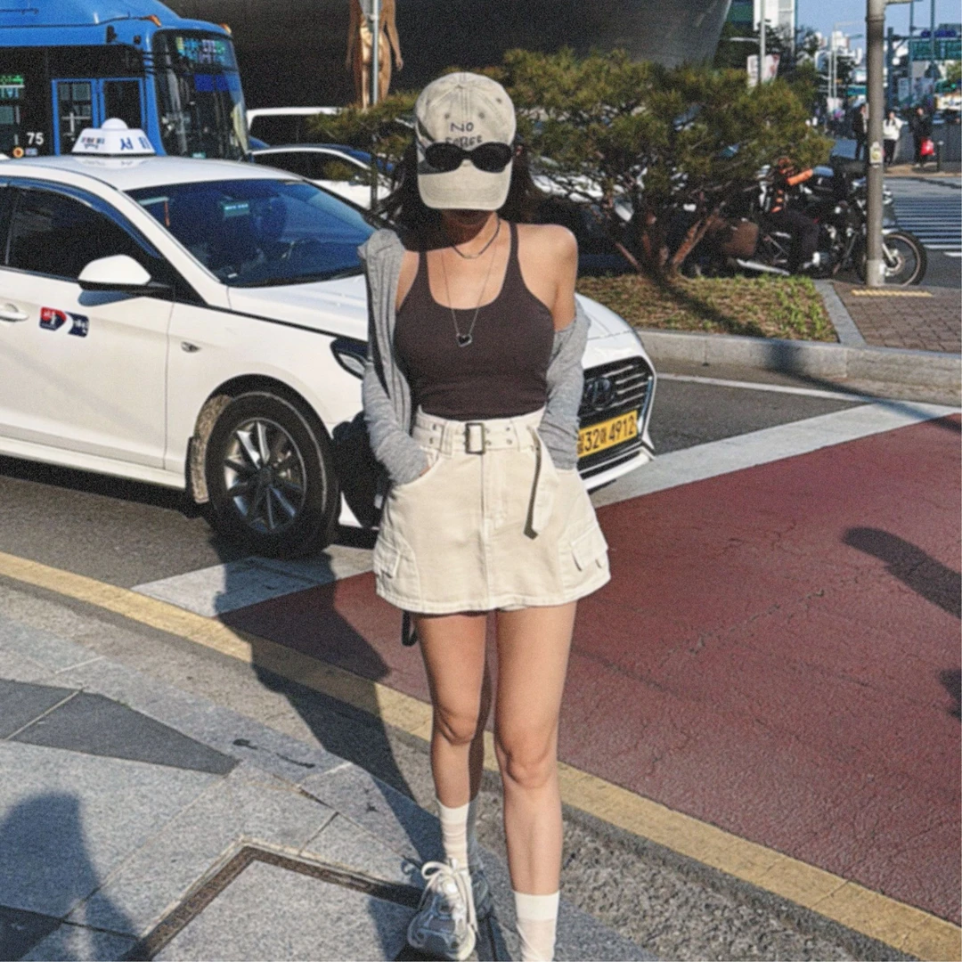 【YKL】纯纯欲动深灰细带背心/杏色腰带工装短裙/花灰开衫