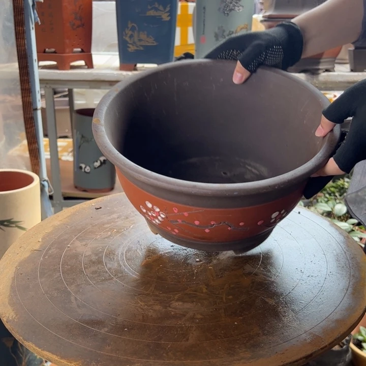 宜兴紫砂花盆红富贵点彩大