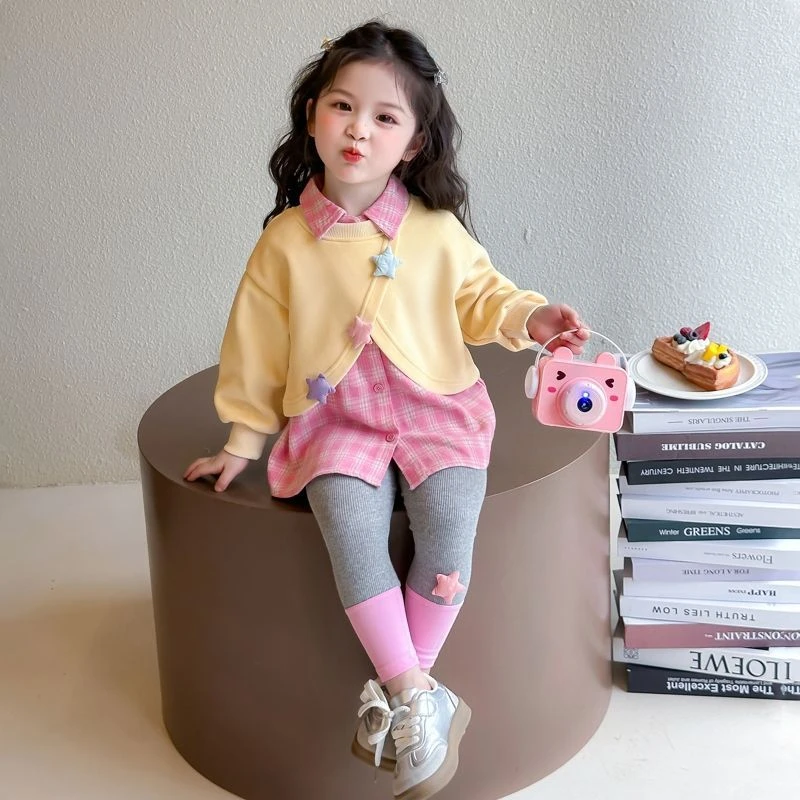 女童春装套装2025新款洋气宝宝假两件格子衬衫儿童时髦休闲两件套