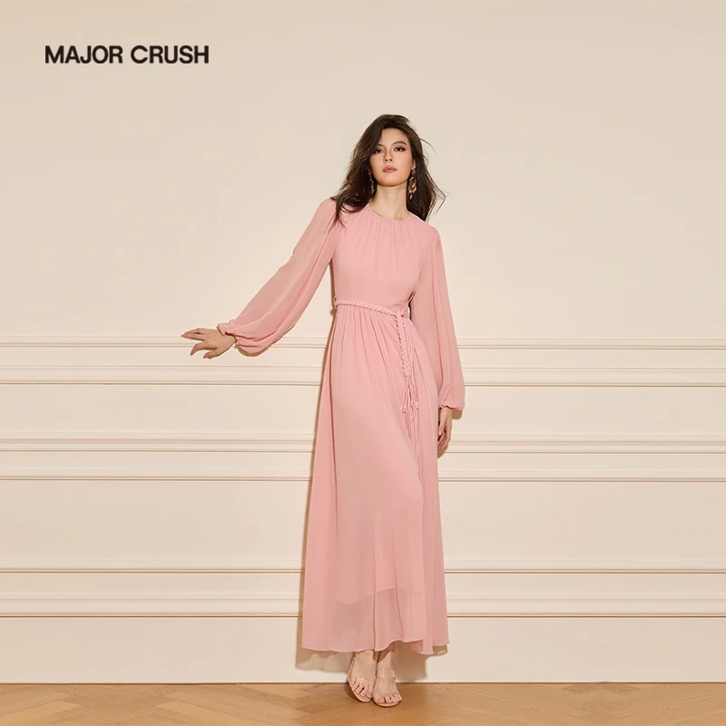 MAJOR CRUSH新款法式优雅收腰气质显白粉色连衣裙7295