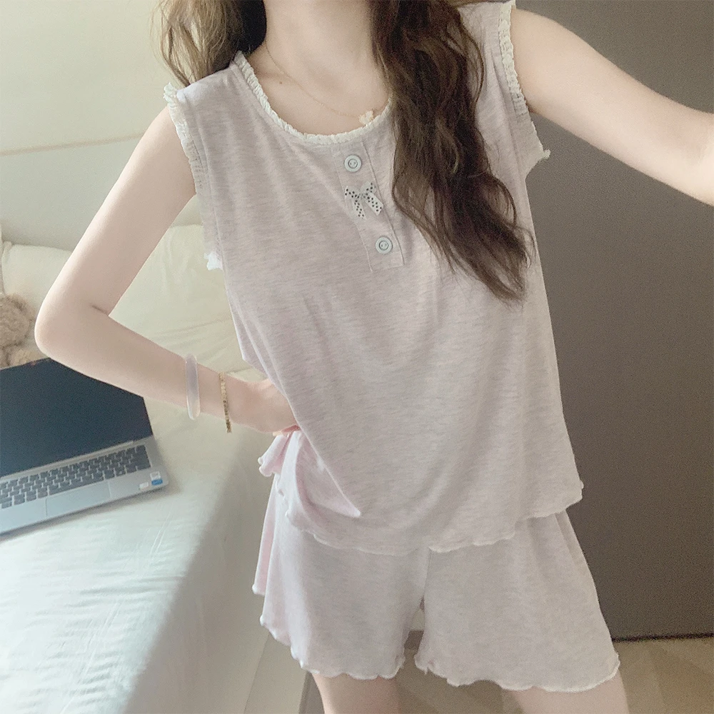 【带胸垫一体】女夏背心睡衣套装薄款莫代尔无袖短裤纯色家居服套装