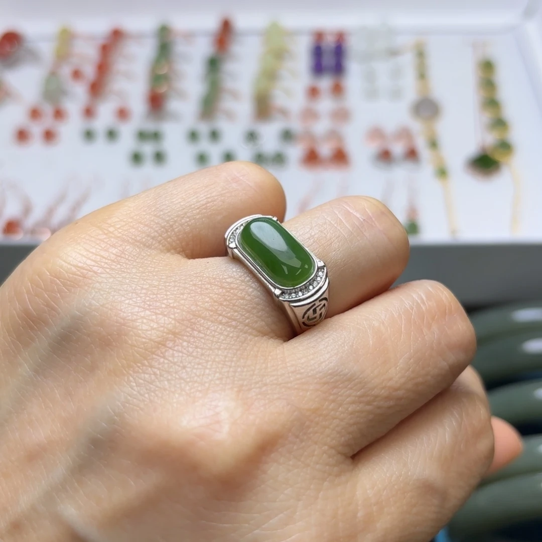 和田玉戒指银S925镶嵌柠***茶