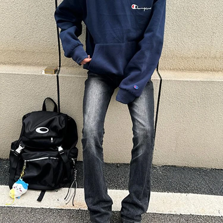 纪璇裤子男款美式高街黑色牛仔裤显瘦直筒弯刀微喇叭裤