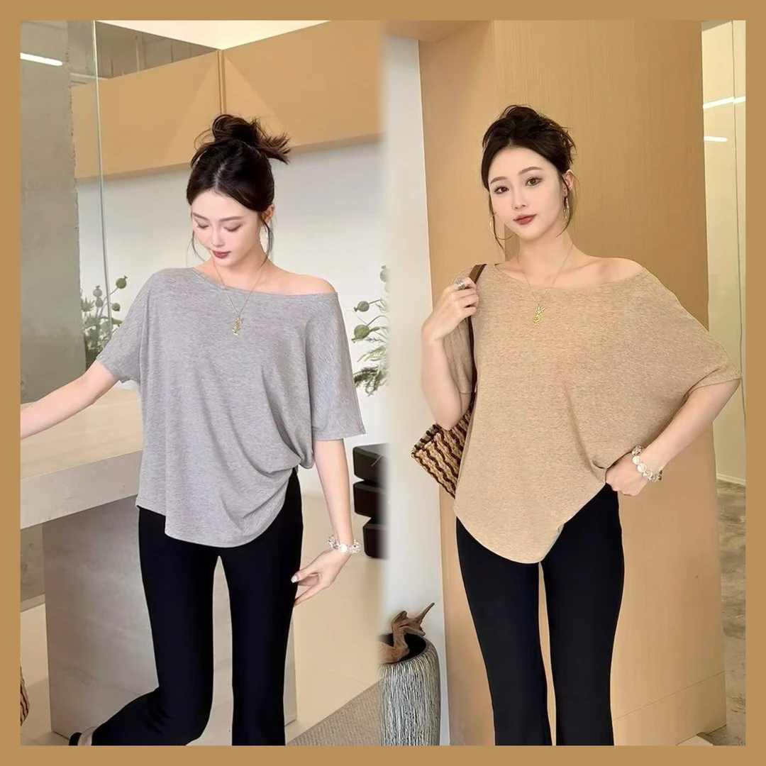 「子熙原创」一字肩宽松上衣女2025夏季新款薄款高弹力针织短袖4556