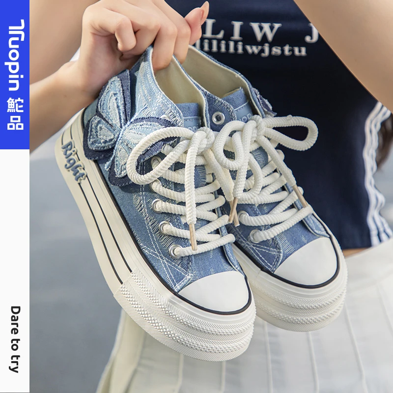 鮀品蝴蝶高帮帆布鞋春夏秋季新款原创百搭小众厚底增高休闲板鞋潮