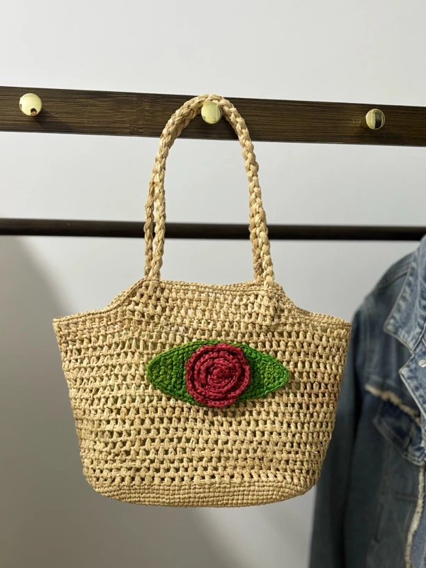 L17拉菲草花朵敞口手工包编织包休闲植物花卉镂空草编包化妆包