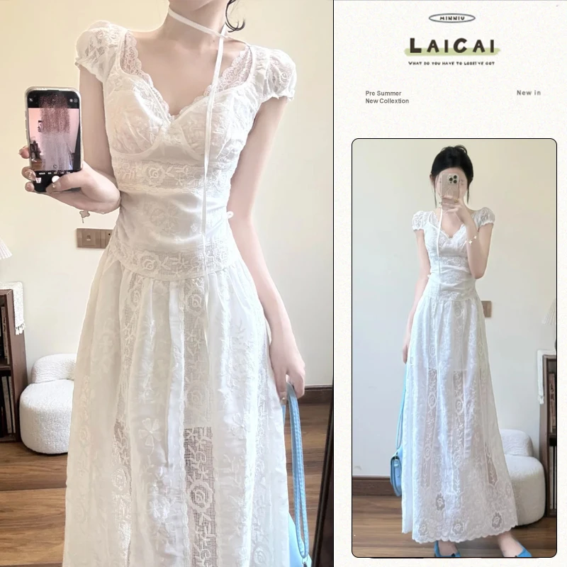 超仙度假长裙2025夏季新款高级感法式方领收腰显瘦女神气质连衣裙