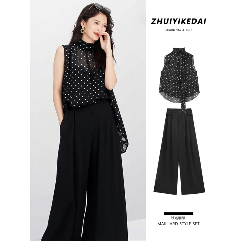 2025夏季新款小众设计感气质波点飘带无袖短上衣黑色阔腿裤套装女