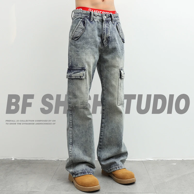 美式高街大口袋工装牛仔裤男款秋季vibe水洗复古宽松直筒长裤子潮