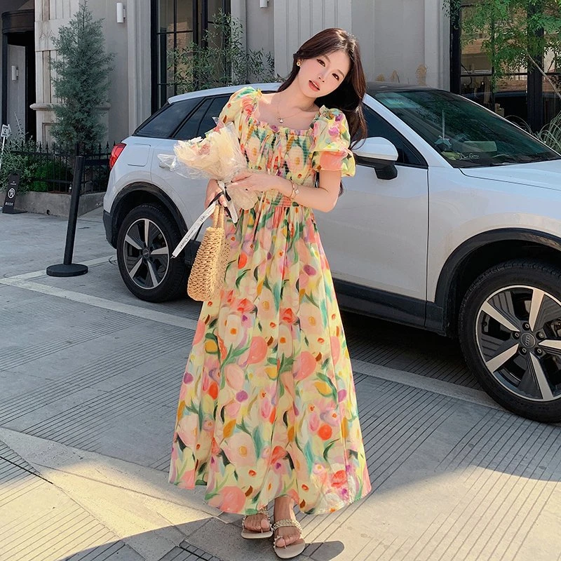 夏日多巴胺碎花连衣裙女甜妹绝美油画印花超好看泡泡袖桔梗长裙子